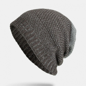 Men Polyester Cotton Knitted Plus Velvet Two-color Dual-use Casual Warmth Beanie Hat discountshub