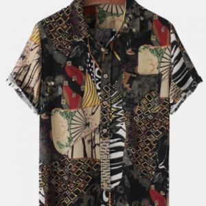 Mens 100% Cotton Ethnic Style Print Short Sleeve Shirt With Pocket
