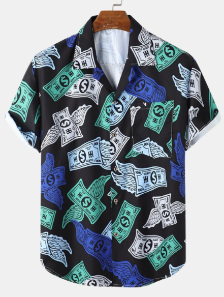 Mens All Over Banknote Print Revere Collar Pocket Short Sleeve Shirt discountshub