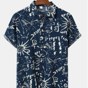 Mens All Over Graffiti Lapel Short Sleeve Button Dowm Shirt
