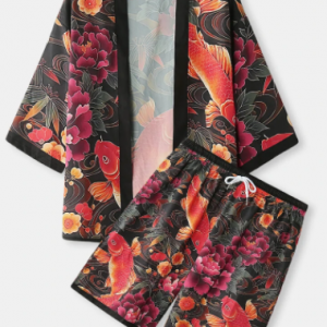 Mens Allover Carp Floral Print Open Front Kimono Two Pieces Outfits discountshub