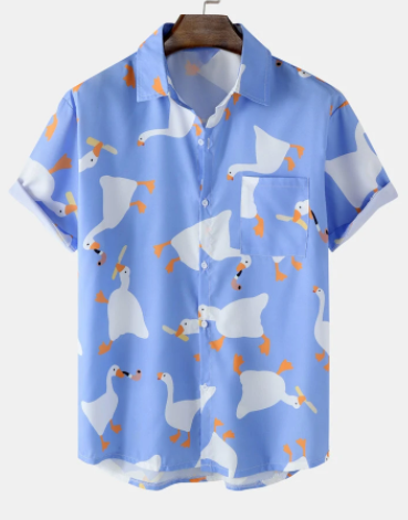 Mens Cartoon Duck Print Button Up Short Sleeve Shirts discountshub