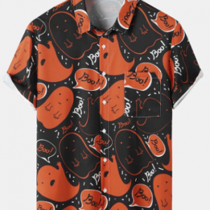 Mens Cartoon Ghost Print Halloween Short Sleeve Shirts With Pocket
