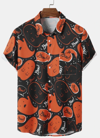 Mens Cartoon Ghost Print Halloween Short Sleeve Shirts With Pocket