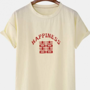Mens Chinese Character Happiness Print Linen Texture Short Sleeve T-Shirts discountshub