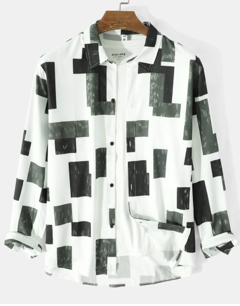 Mens Color Block Geometric Print Lapel Cotton Casual Long Sleeve Shirts discountshub