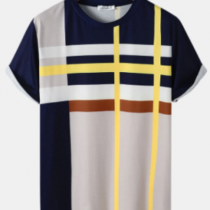 Mens Color Block Round Neck Short Sleeve Preppy T-Shirt discountshub