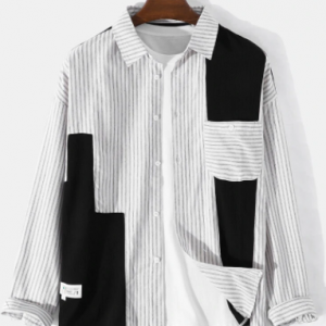 Mens Colorblock Striped Patchwork Lapel Cotton Long Sleeve Shirts discountshub