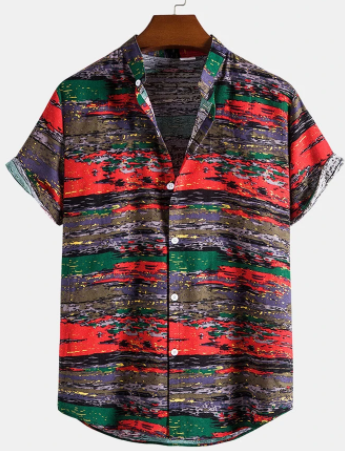 Mens Colorful Camo Pattern Stand Collar Cotton Linen Short Sleeve Shirts discountshub