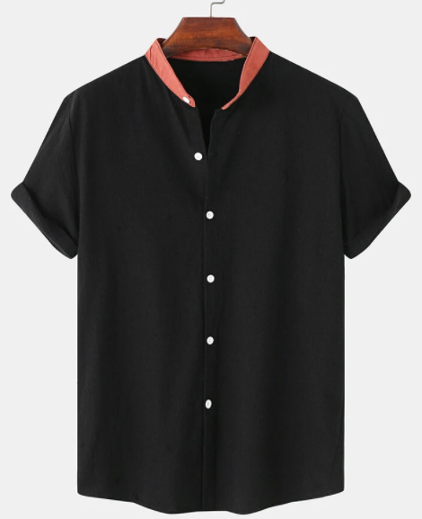 Mens Contrasting Color Band Collar Short Sleeve Casual Shirt discountshub