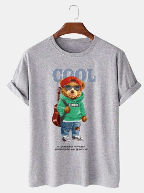 Mens Cool Cartoon Bear Print 100% Cotton Casual Short Sleeve T-Shirts discountshub
