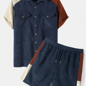 Mens Corduroy Patchwork Flap Pocket Raglan Sleeve Preppy Two Pieces Outfits discountshub