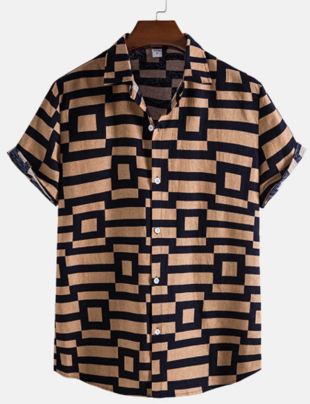 Mens Cotton Linen Geometric Button Up Vintage Short Sleeve Shirts discountshub