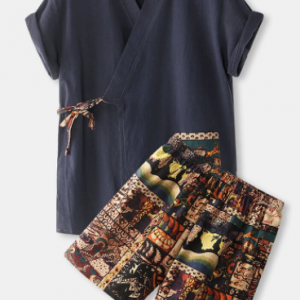 Mens Cotton Vintage Print V-Neck Tie Side Kimono Relaxed Fit Short Pajamas Sets discountshub