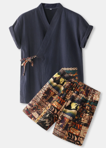 Mens Cotton Vintage Print V-Neck Tie Side Kimono Relaxed Fit Short Pajamas Sets discountshub