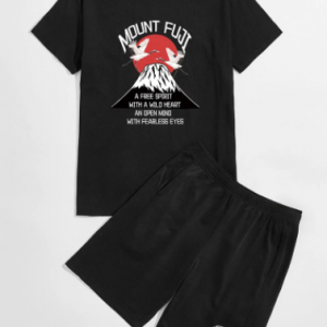 Mens Crane Letter Print Crew Neck Cotton Short Two Pieces Outfits discountshub