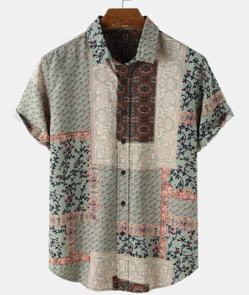 Mens Ditsy Floral Scarf Print Ethnic Style 100% Cotton Short Sleeve Shirts discountshub