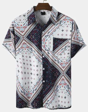 Mens Ethnic Argyle Pattern Button Up Short Sleeve Shirts With Pocket discountshub