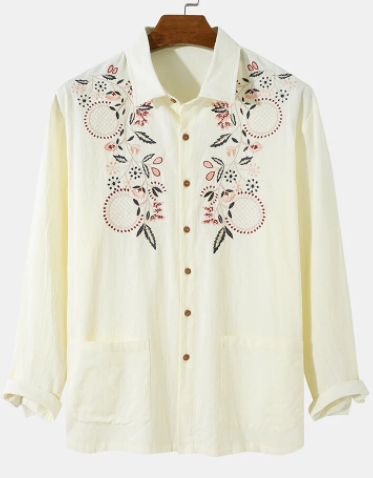 Mens Ethnic Flower Embroidery 100% Cotton Pocket Long Sleeve Shirt discountshub
