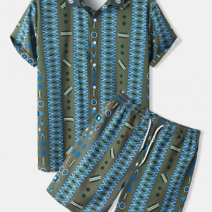 Mens Geo Print Button Up Ethnic Style Two Pieces Outfits With Shorts discountshub