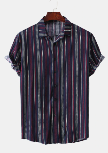 Mens Geometric Stripe Print Button Up Vintage Short Sleeve Shirts discountshub