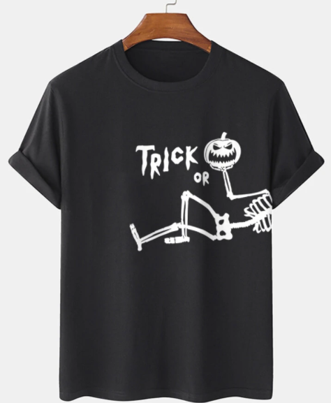 Mens Halloween Funny Skeleton Print 100% Cotton Short Sleeve T-Shirts discountshub