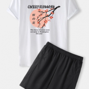 Mens Japanese Cherry Blossoms Letter Print Crew Neck Two Pieces Outfits discountshub