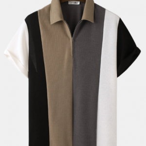 Mens Knitted Multicolor Patchwork Short Sleeve Golf Shirt discountshub