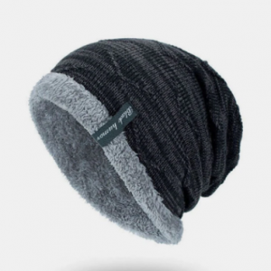 Mens Solid Color Stripe Knit Plus Velvet Fashion Beanie Hats For Men Outdoor Keep Warm Caps discountshub