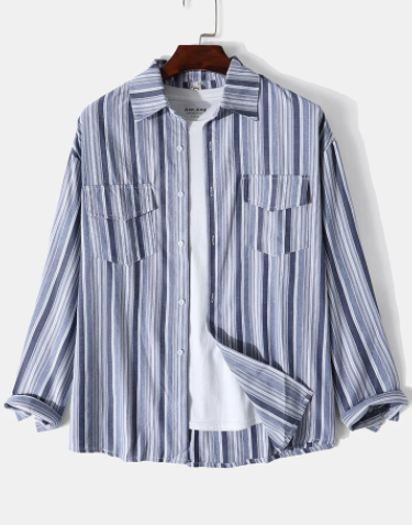Mens Striped Lapel Double Pocket Cotton Long Sleeve Shirts discountshub
