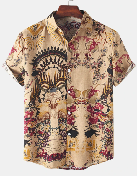 Mens Thin & Breathable Cotton Tribal Pattern Vintage Lapel Holiday Casual Shirt discountshub