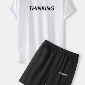 Mens Thinking Letter Print Black & White Casual Two Pieces Outfits discountshub