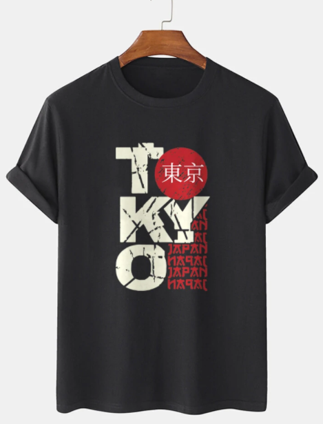 Mens Tokyo Letter Print Street 100% Cotton Short Sleeve T-Shirts discountshub