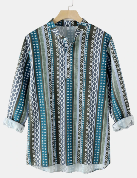 Mens Tribal Geometry Print Striped Long Sleeve Ethnic Style Henley Shirt discountshub