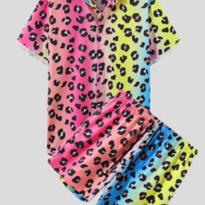 Plus Size Mens Leopard Ombre Print Lapel Drawstring Fashion Two Piece Outfits discountshub