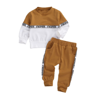 Toddler Kids Baby Boys Clothes Set Long-sleeved Letter Personality Round Neck Hoodies and Solid Color Elastic Long Pants discountshub