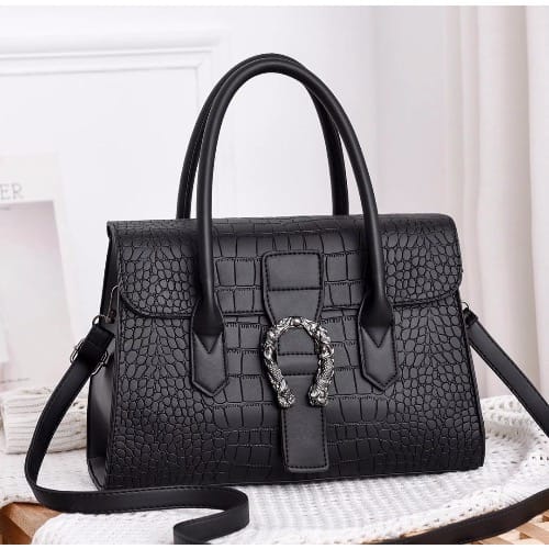 Trend Tote Bag With Metal Buckle Handbag - Black discountshub