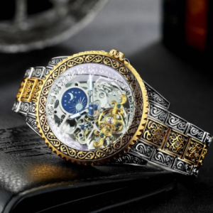 WINNER Man Tourbillon Watch Gold Skeleton Mens Watches Top Brand Luxury Engraved Vintage Mechanical Moon Phase Steel Strap Clock discountshub