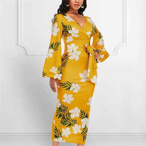 Aomei Printed Flower Dress V Neck Bodycon High Waist Belt Yellow discountshub