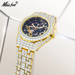 MISSFOX Men Mechanical Watch Vintage Full Diamond Silver Wristwatch Automatic Self-Wind Male Watches Gold Balance Wheel Openwork discountshub