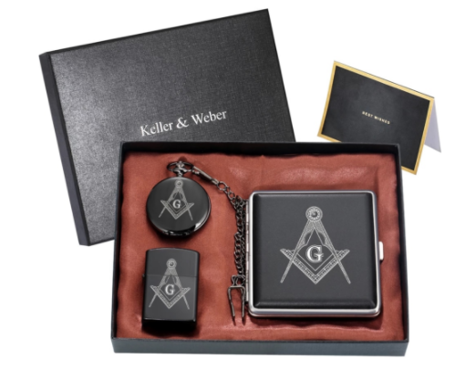 Masonic Pocket Watch Set Men's Masonic Clock Arabic Digital Dial Stainless Steel Cigarette Case Black Lighter Gift Box for Men discountshub