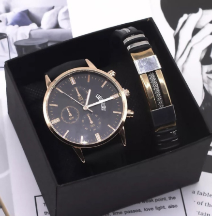 Men Watch Bracelet Set Fashion Sport Wrist Watch Alloy Case Leather Band Watch Quartz Business Wristwatch calendar Clock Gift discountshub