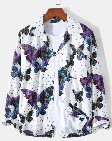 Mens All Over Butterfly Polka Dot Print Revere Collar Short Sleeve Shirts discountshub