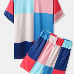 Mens Color Block Round Neck Street Two Pieces Outfits With Drawstring Shorts discountshub