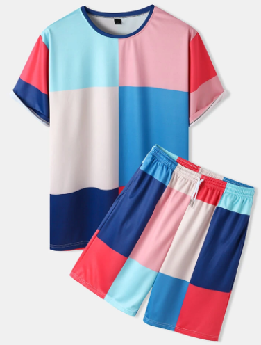 Mens Color Block Round Neck Street Two Pieces Outfits With Drawstring Shorts discountshub