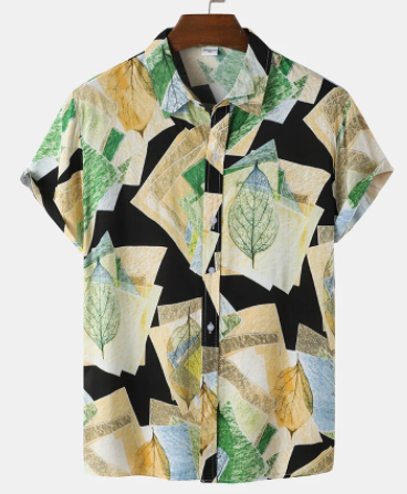 Mens Leaf & Geometry Print Lapel Short Sleeve Button Up Shirt discountshub