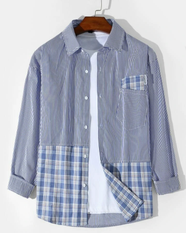 Mens Striped Plaid Patchwork Cotton Casual Long Sleeve Shirts With Pocket discountshub