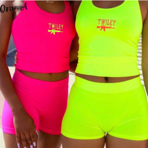 OrangeA neon color letter embroidery women tracksuit matching set sleeveless tank top+biker shorts sporty casual fitness outfits discountshub