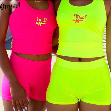 OrangeA neon color letter embroidery women tracksuit matching set sleeveless tank top+biker shorts sporty casual fitness outfits discountshub