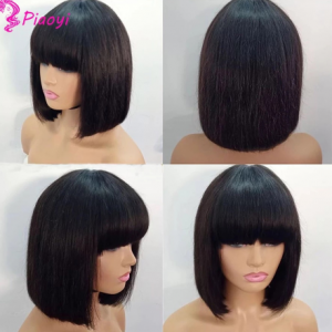 Short Bob Wig With Bangs Straight Brazilian Hair Wigs For Women Perruque Cheveux Humain Full Machine Made Cheap Human Hair Wigs discountshub